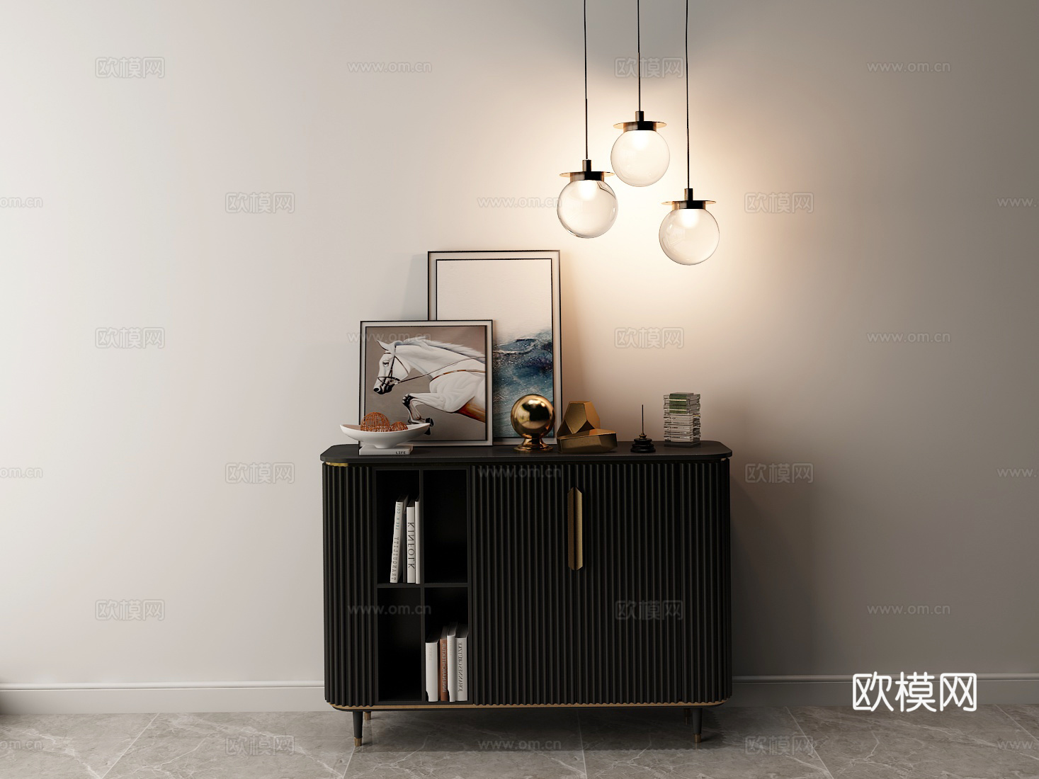 现代北欧现代轻奢港式装饰柜玄关柜餐边装饰画装饰摆件吊灯组合3d模型下载