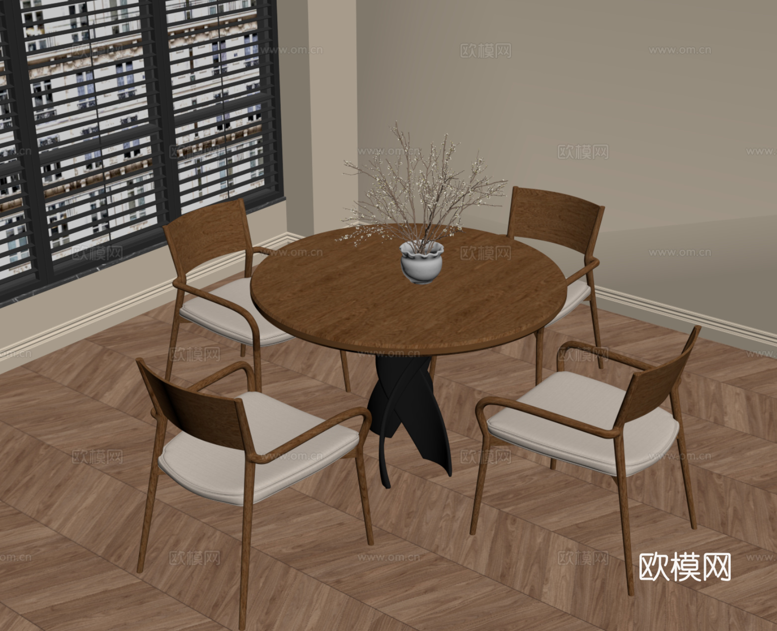 中古风餐桌椅 圆形餐桌su模型