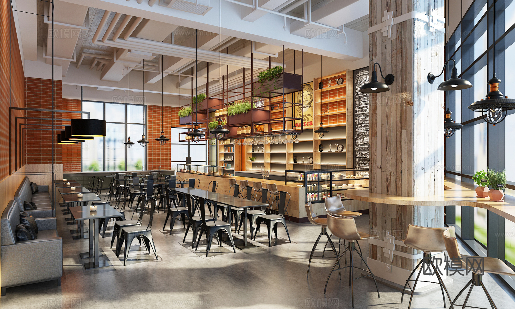工业风餐厅 吊灯 绿植 酒柜 餐桌椅 卡座 吧台椅3d模型下载