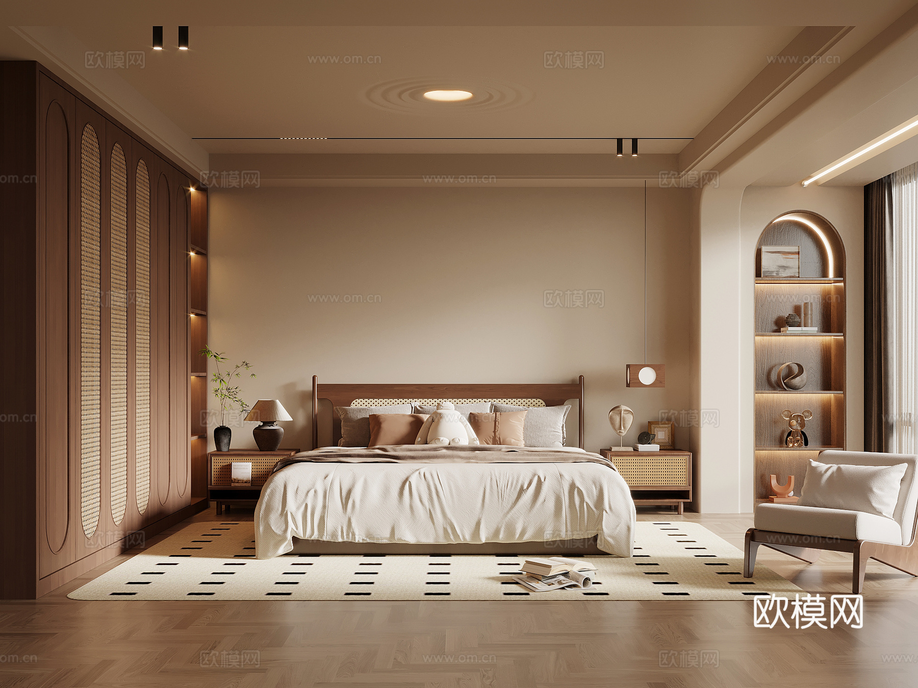 中古风卧室 主卧 双人床 床头柜 衣柜su模型