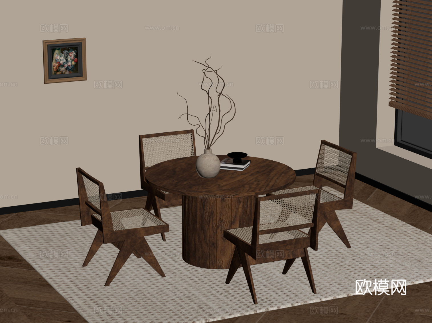 中古风餐桌椅 实木餐桌椅su模型