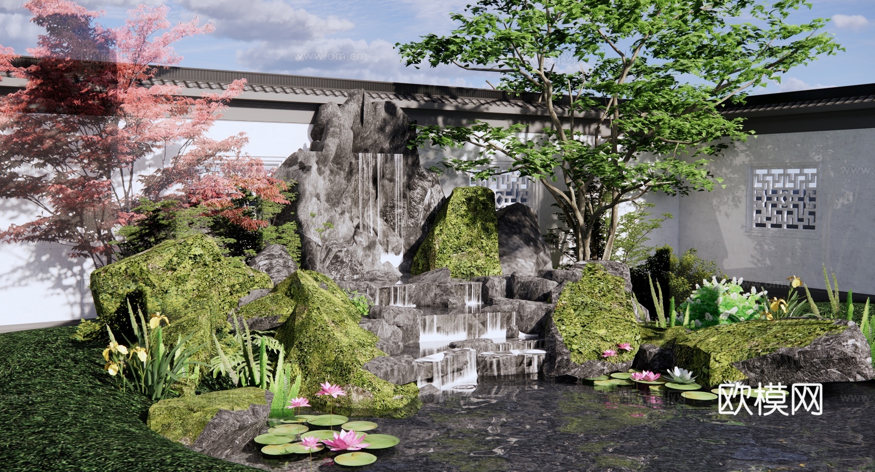 新中式 景观小品 假山水景 跌水瀑布 园林景观叠水水池 假山su模型