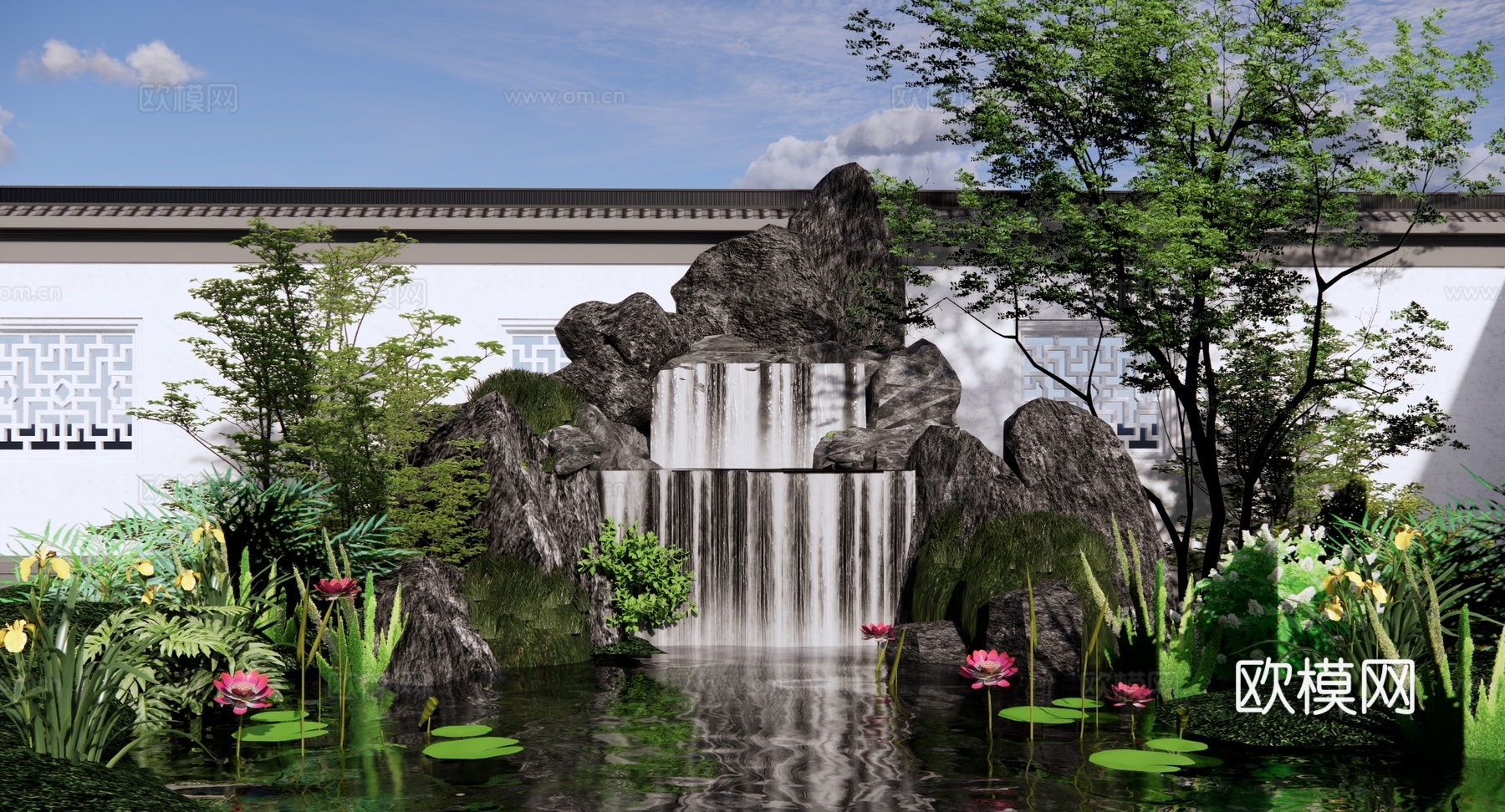新中式 景观小品 假山水景 跌水瀑布 园林景观叠水水池 假山su模型