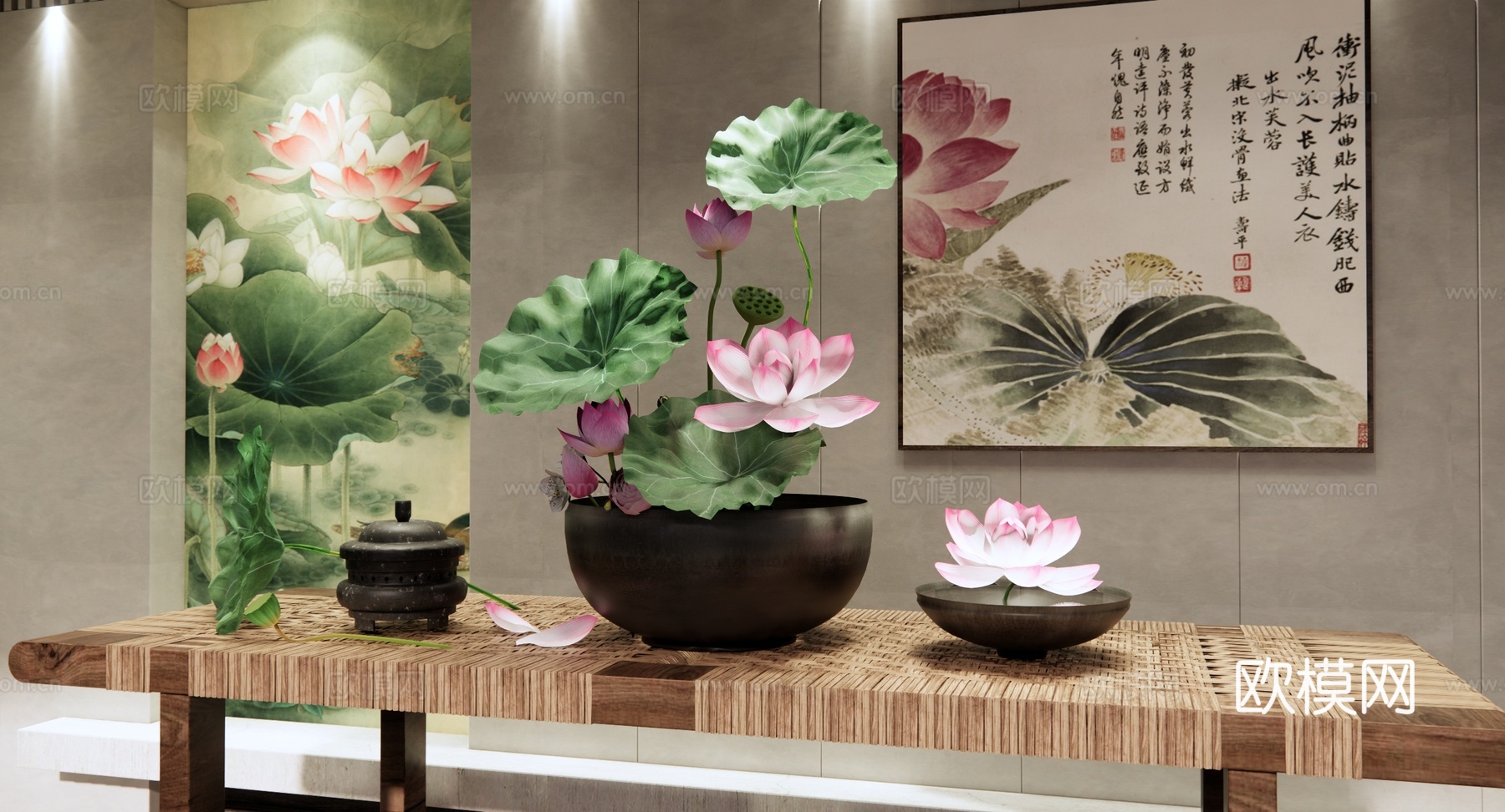 新中式 盆栽 花瓶花艺摆件 荷花插花 禅意插花 荷花 荷叶su模型