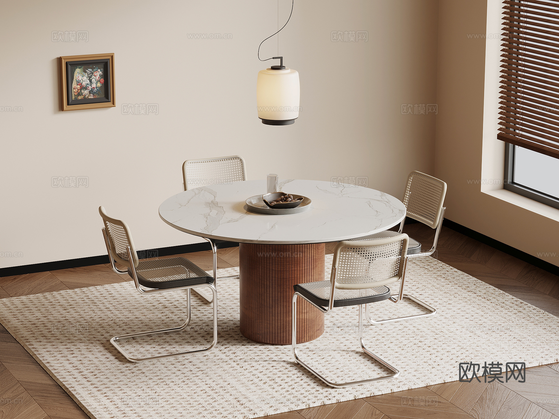 中古风餐桌椅 圆形餐桌su模型