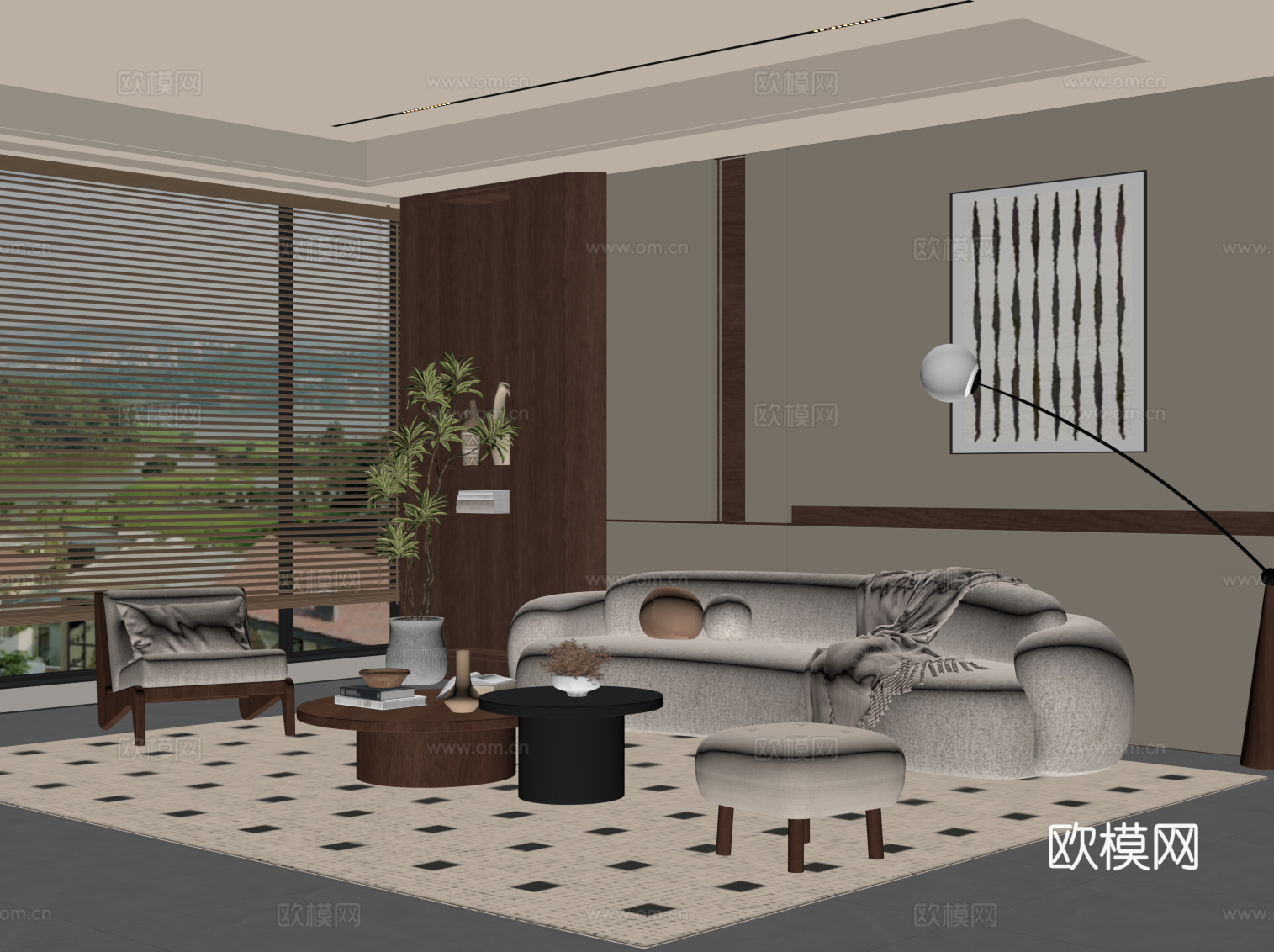 中古风客厅 沙发背景墙 沙发茶几组合su模型