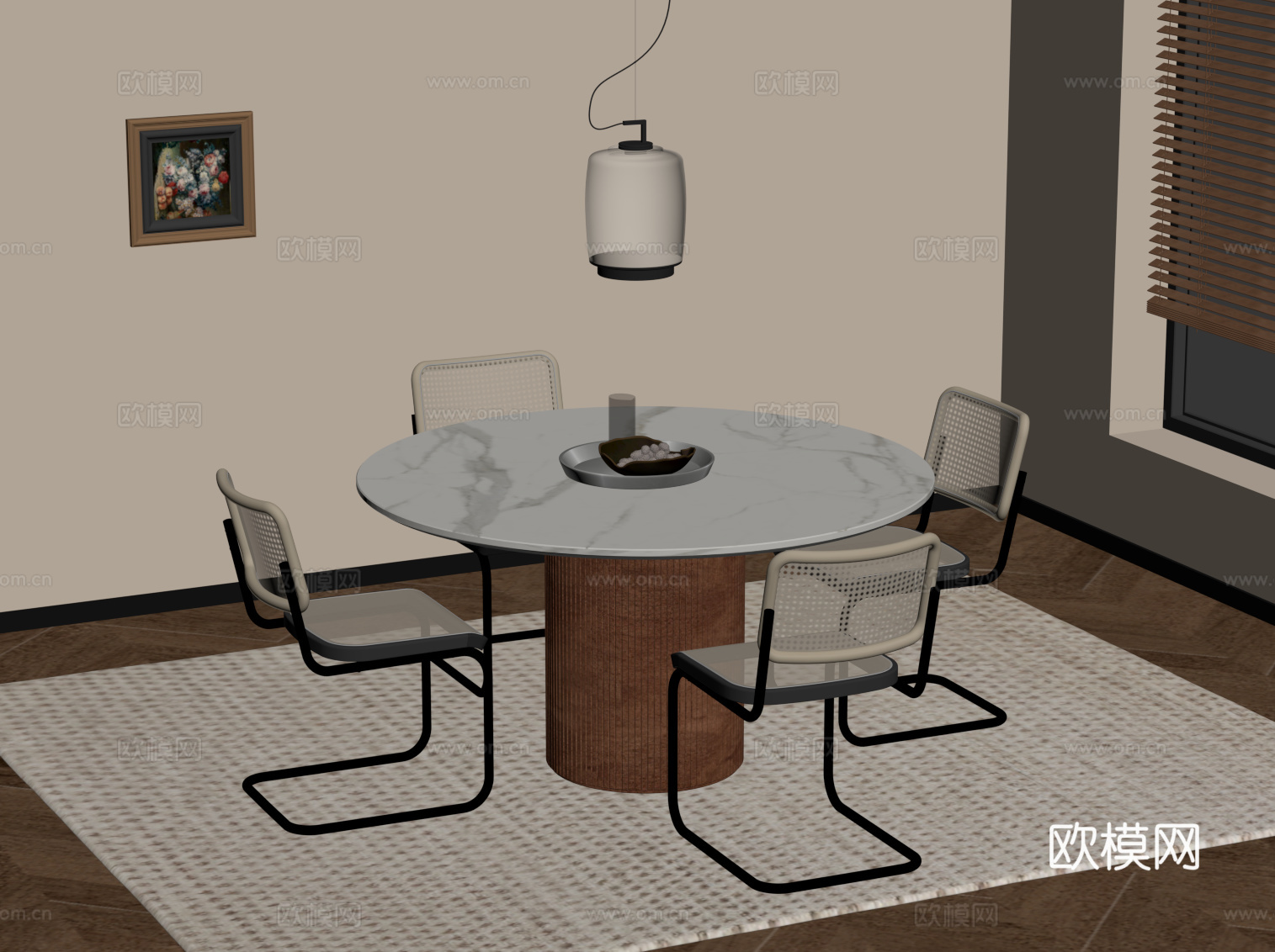 中古风餐桌椅 圆形餐桌su模型