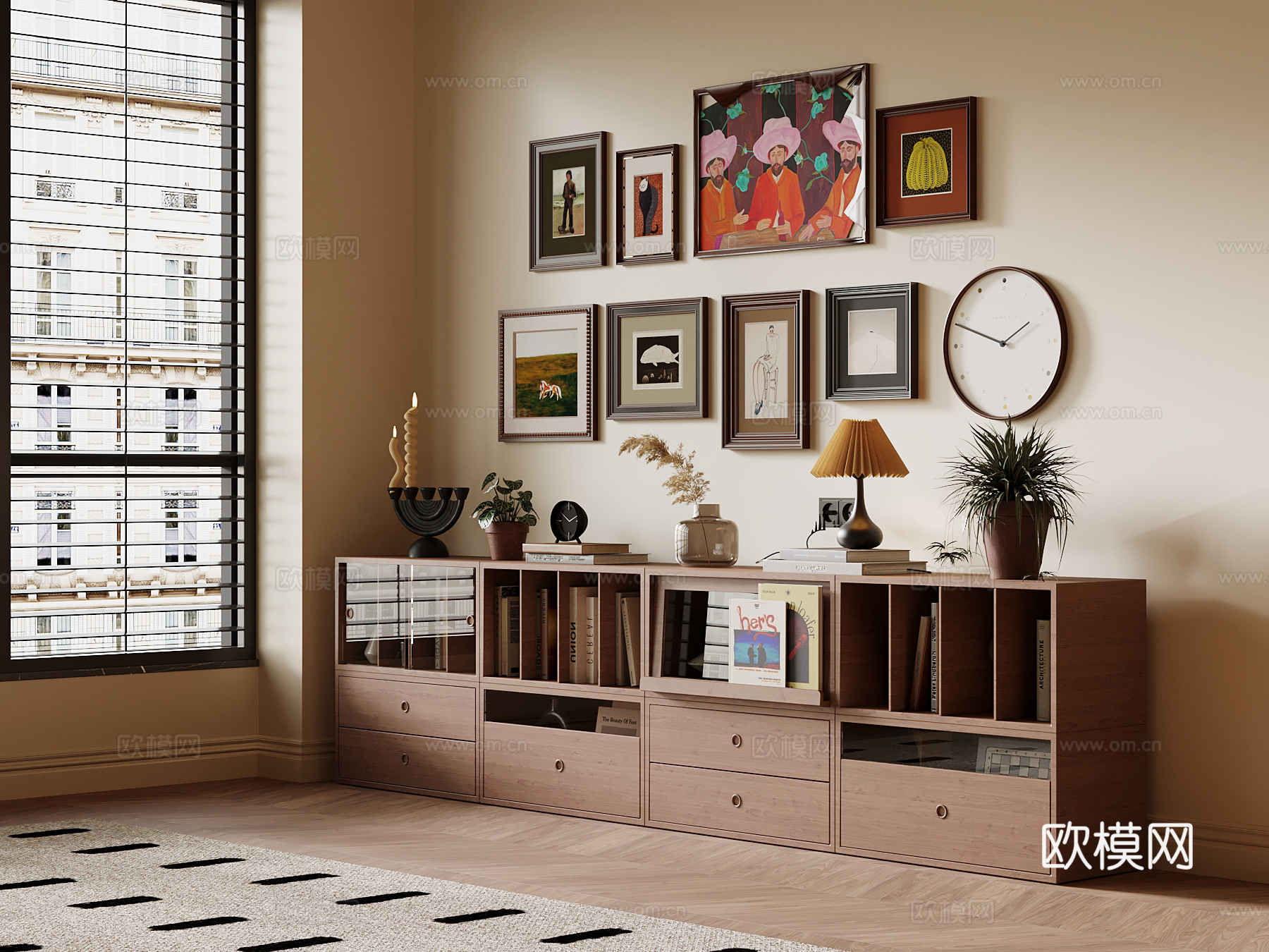 中古风边柜 地柜 书柜 饰品摆件 挂画su模型