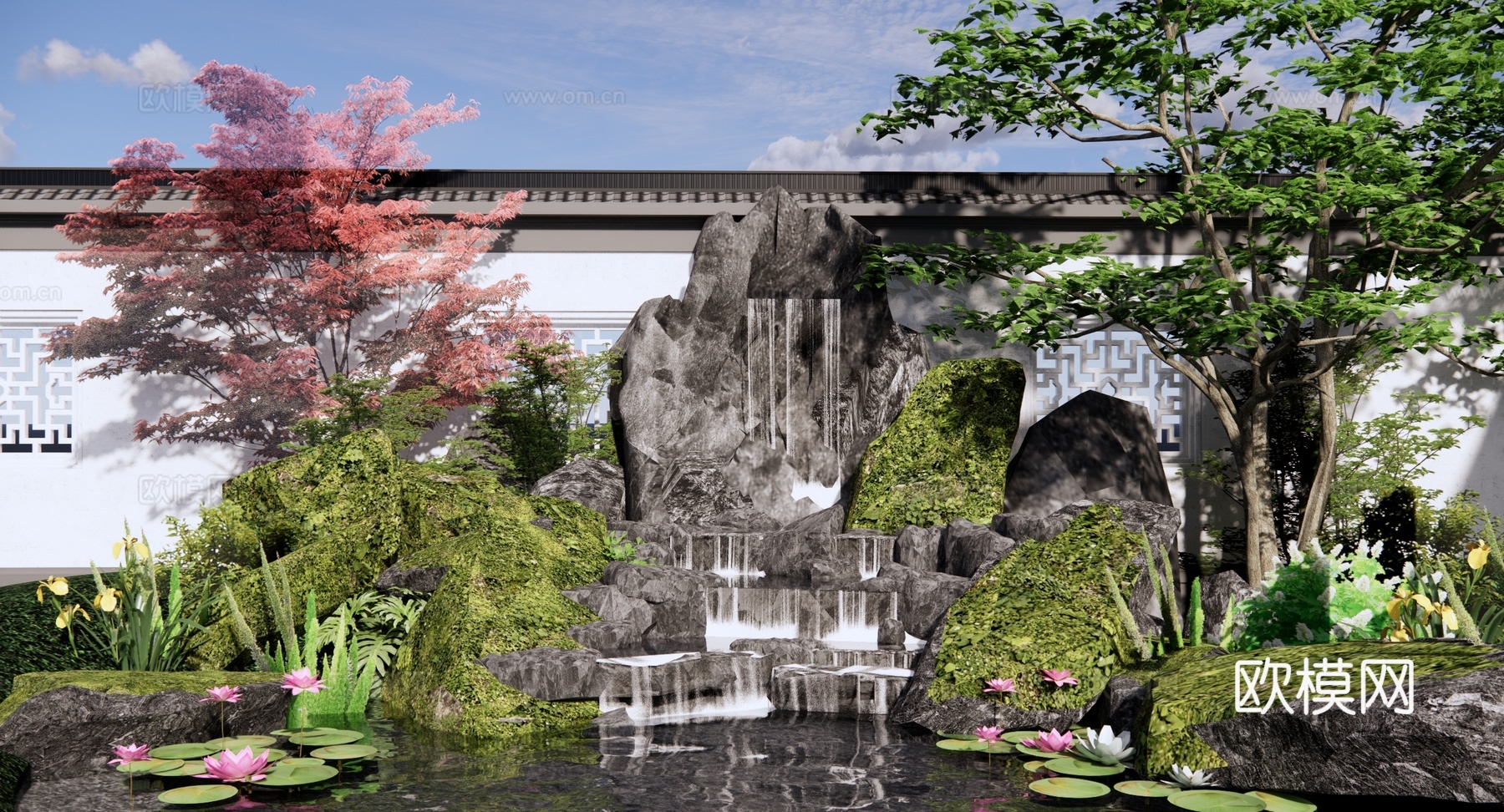 新中式 景观小品 假山水景 跌水瀑布 园林景观叠水水池 假山su模型