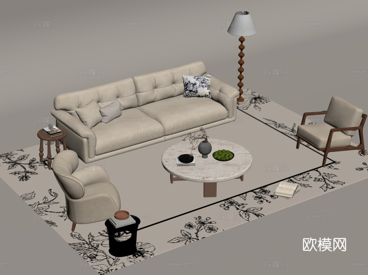 中古风沙发茶几组合su模型