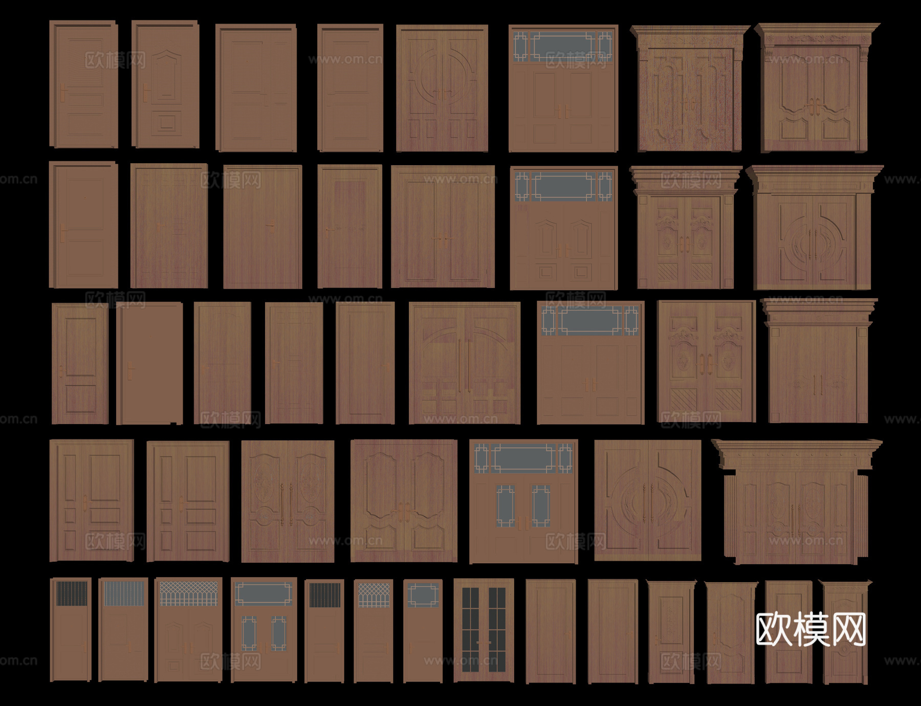 新中式单开门 入户门 双开门 防盗门 平开门 子母门 卧室门su模型