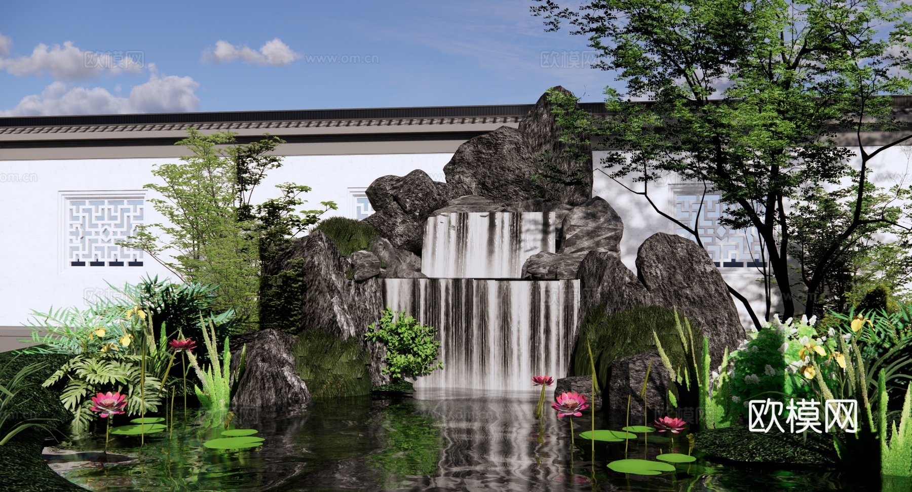 新中式 景观小品 假山水景 跌水瀑布 园林景观叠水水池 假山su模型