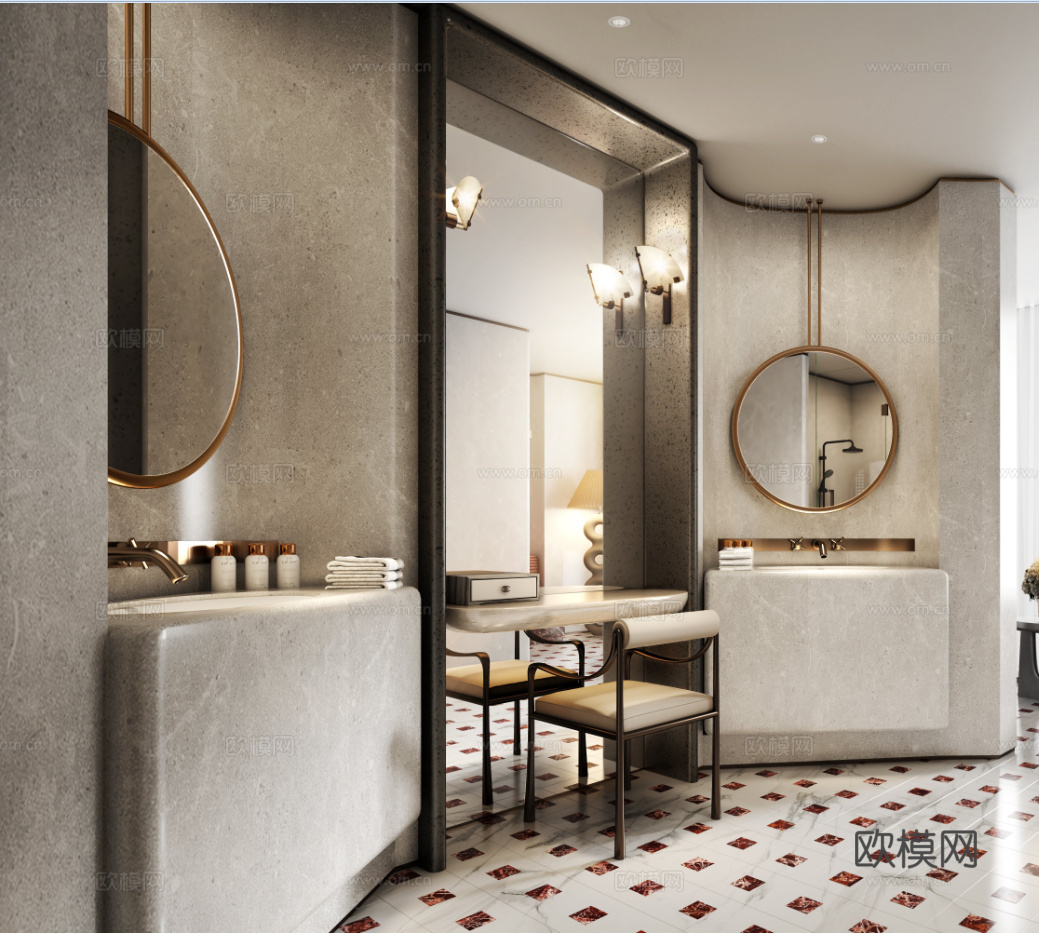 现代卫浴 洗手台圆镜 石材台盆 节点图cad施工图