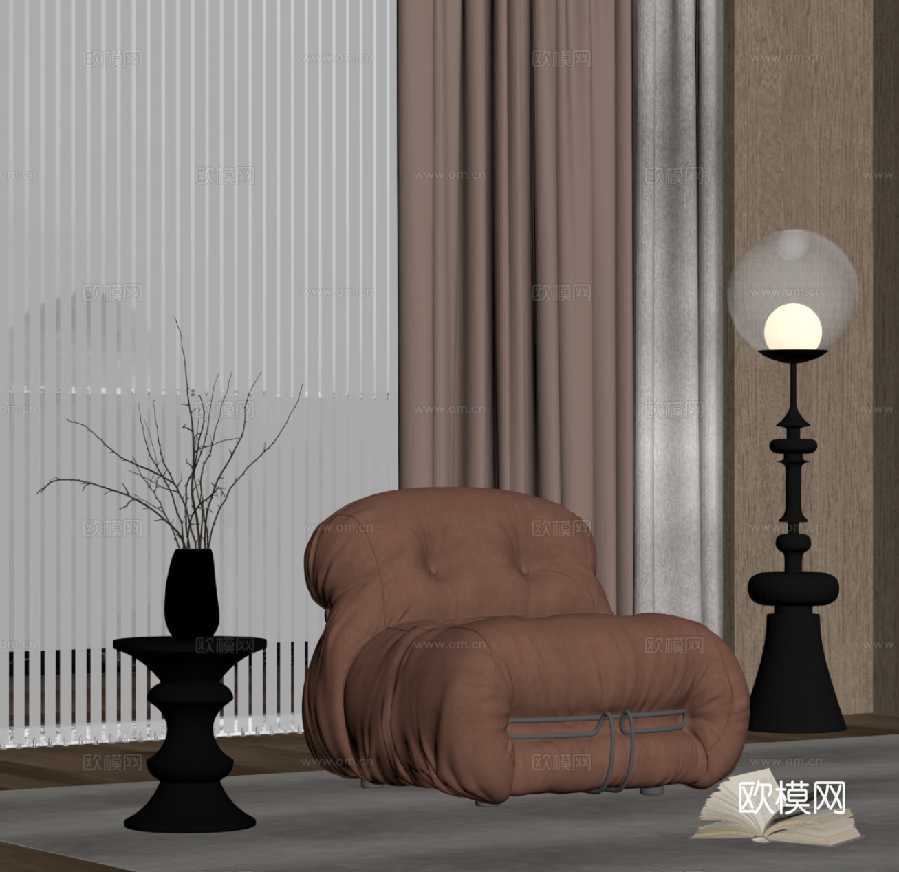 中古风单人沙发 休闲沙发 边几 落地灯su模型