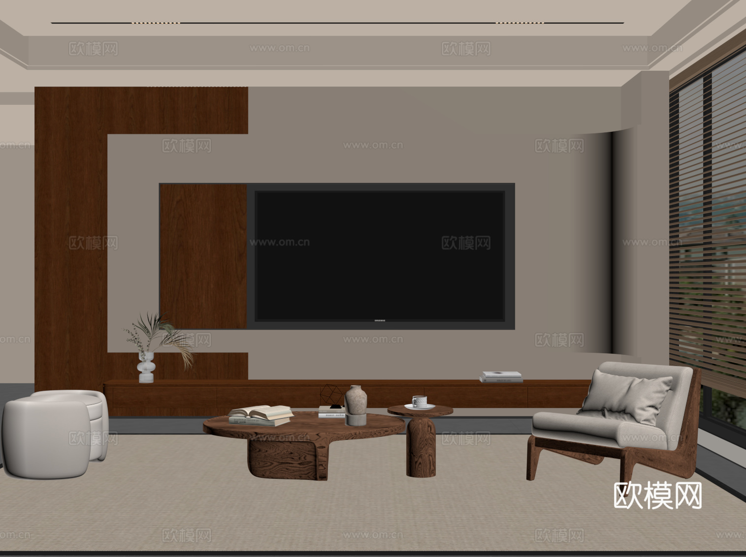 中古风客厅 电视背景墙 沙发茶几组合su模型