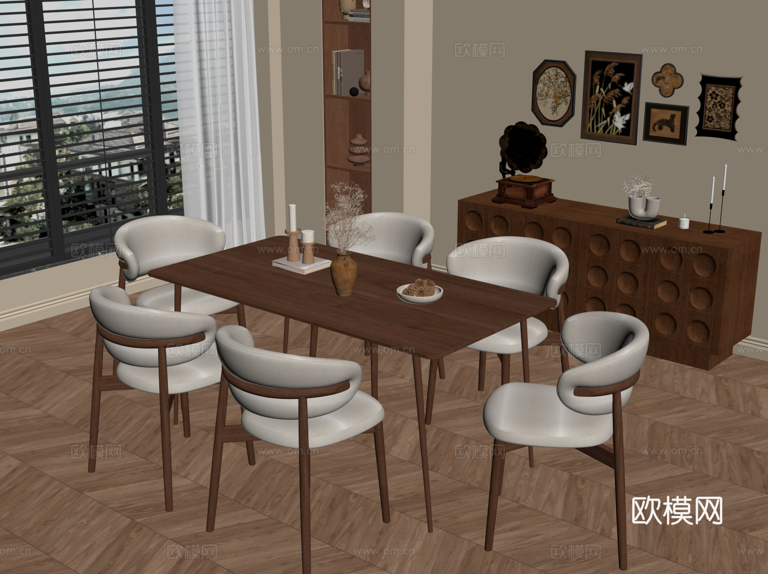 中古风餐厅 餐桌椅 餐边柜su模型