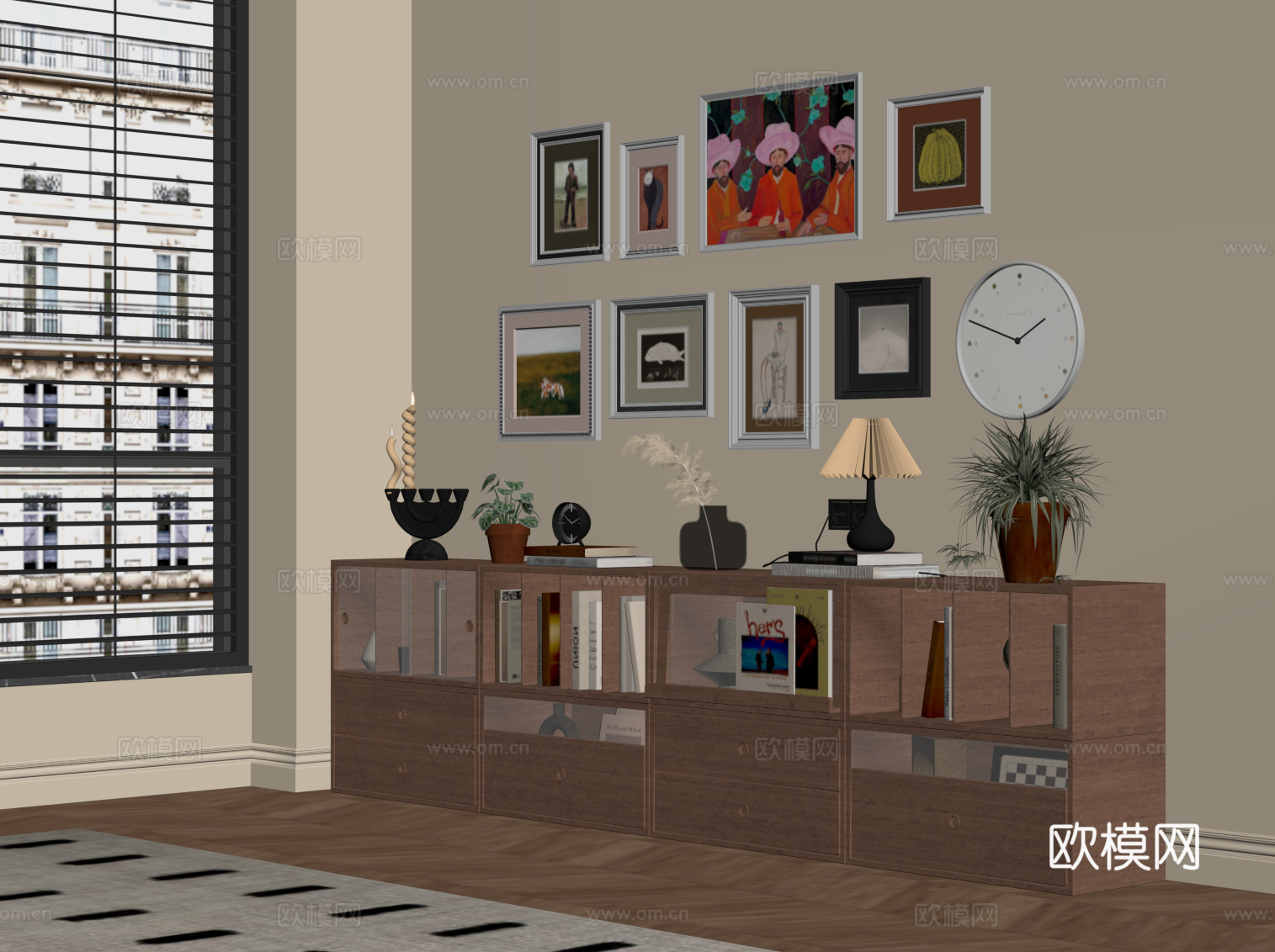 中古风边柜 地柜 书柜 饰品摆件 挂画su模型