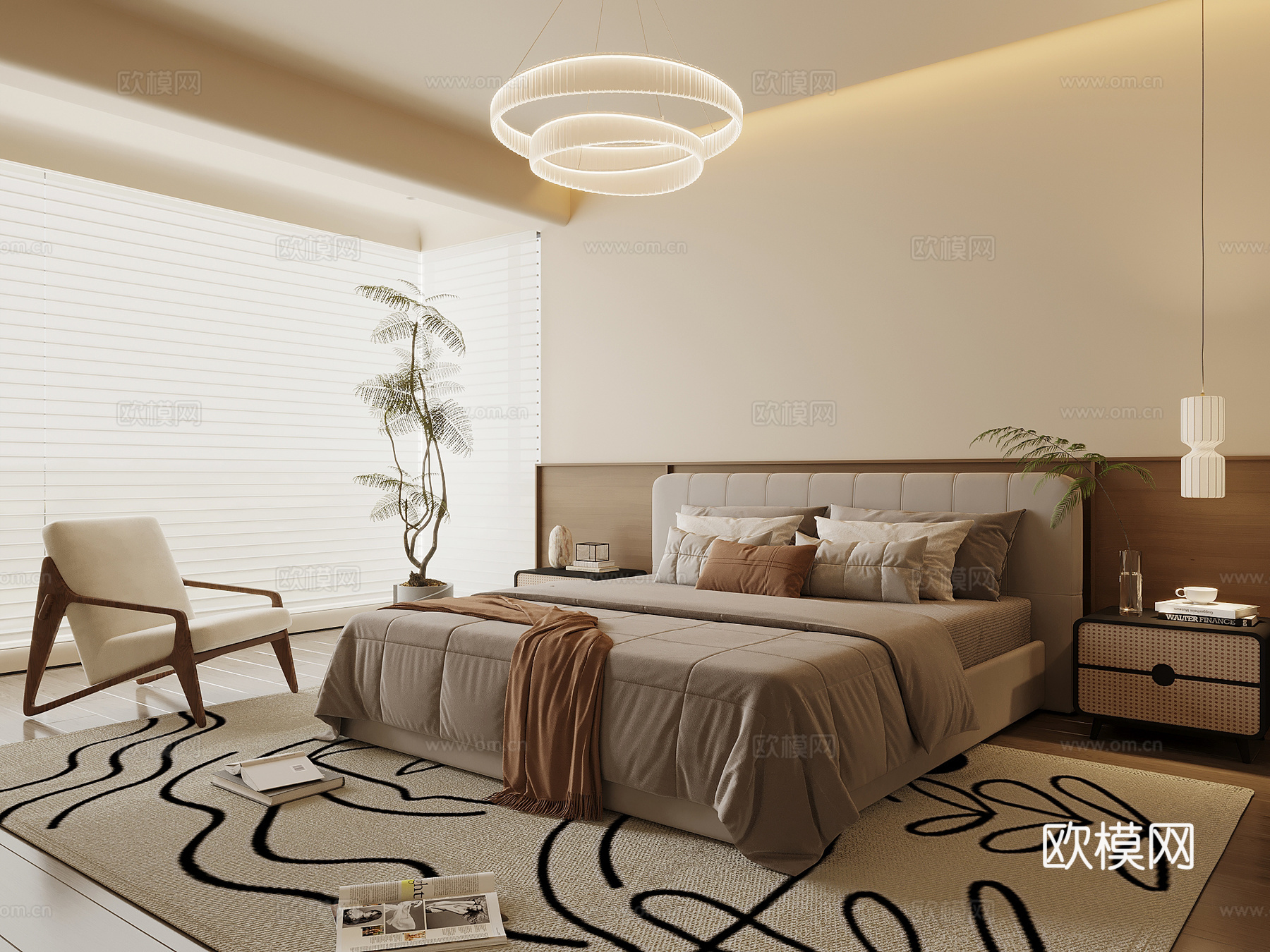 中古风卧室 双人床 床头柜 休闲椅su模型