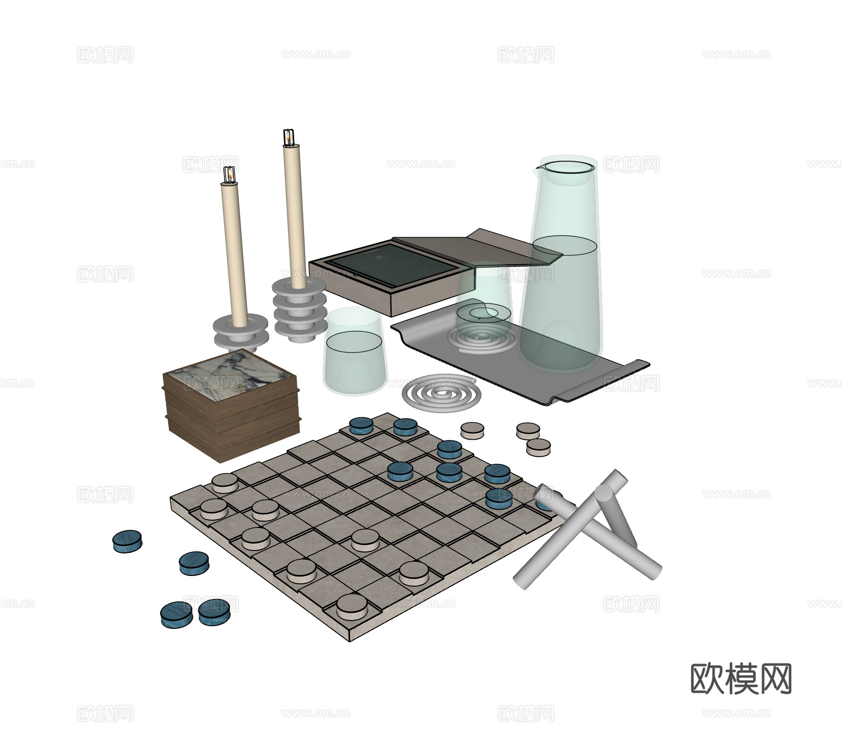 现代饰品摆件组合 玻璃杯 棋盘 蜡烛 桌面摆件 茶几摆件su模型