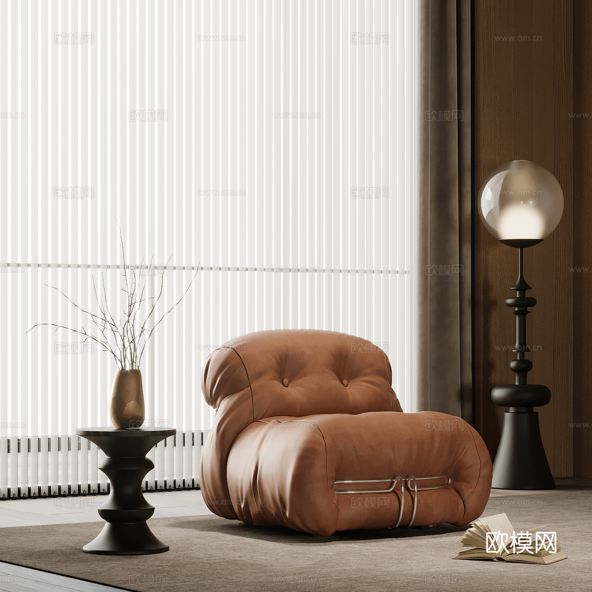 中古风单人沙发 休闲沙发 边几 落地灯su模型