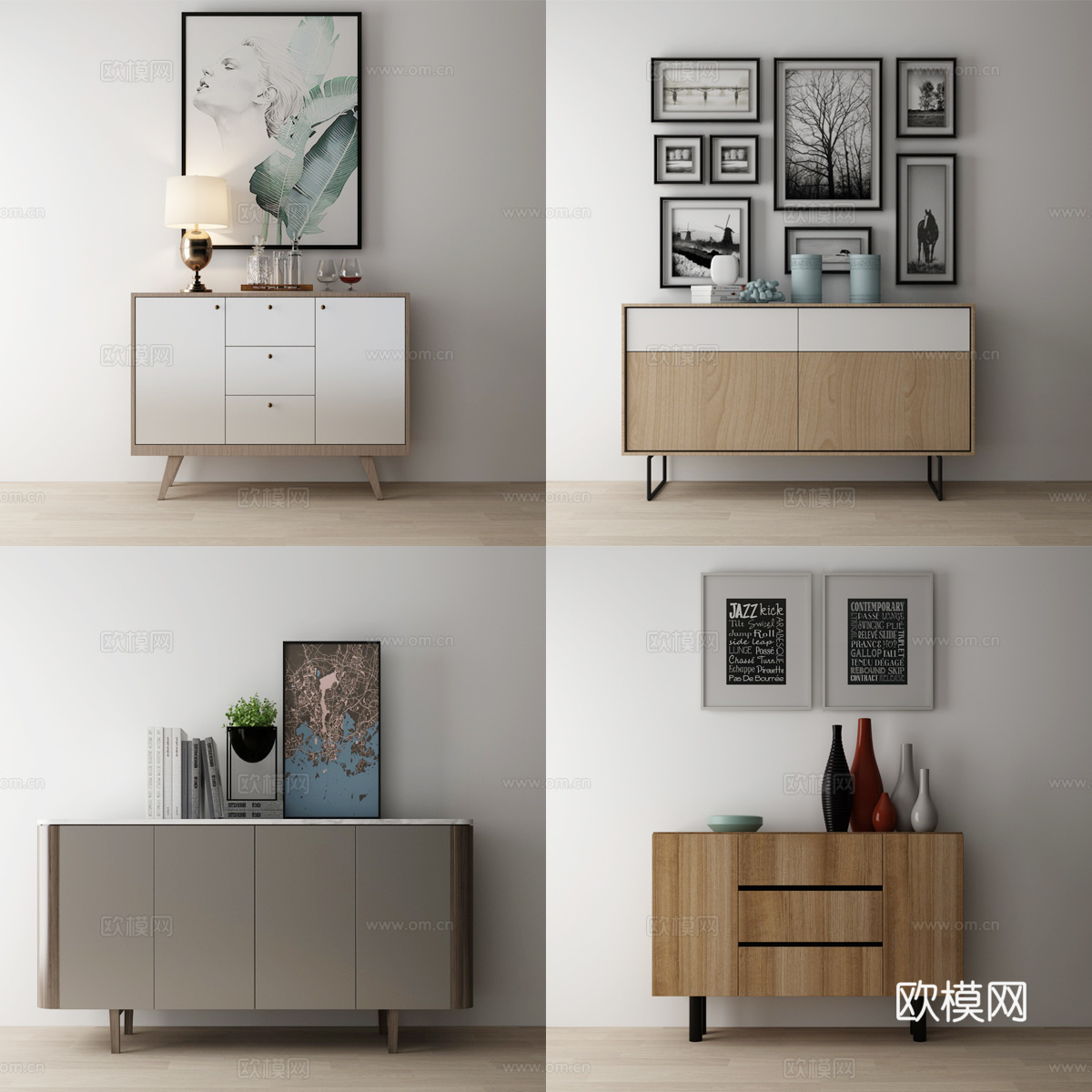 现代北欧 边柜 装饰柜 玄关柜 鞋柜 餐边柜 挂画 台灯3d模型下载