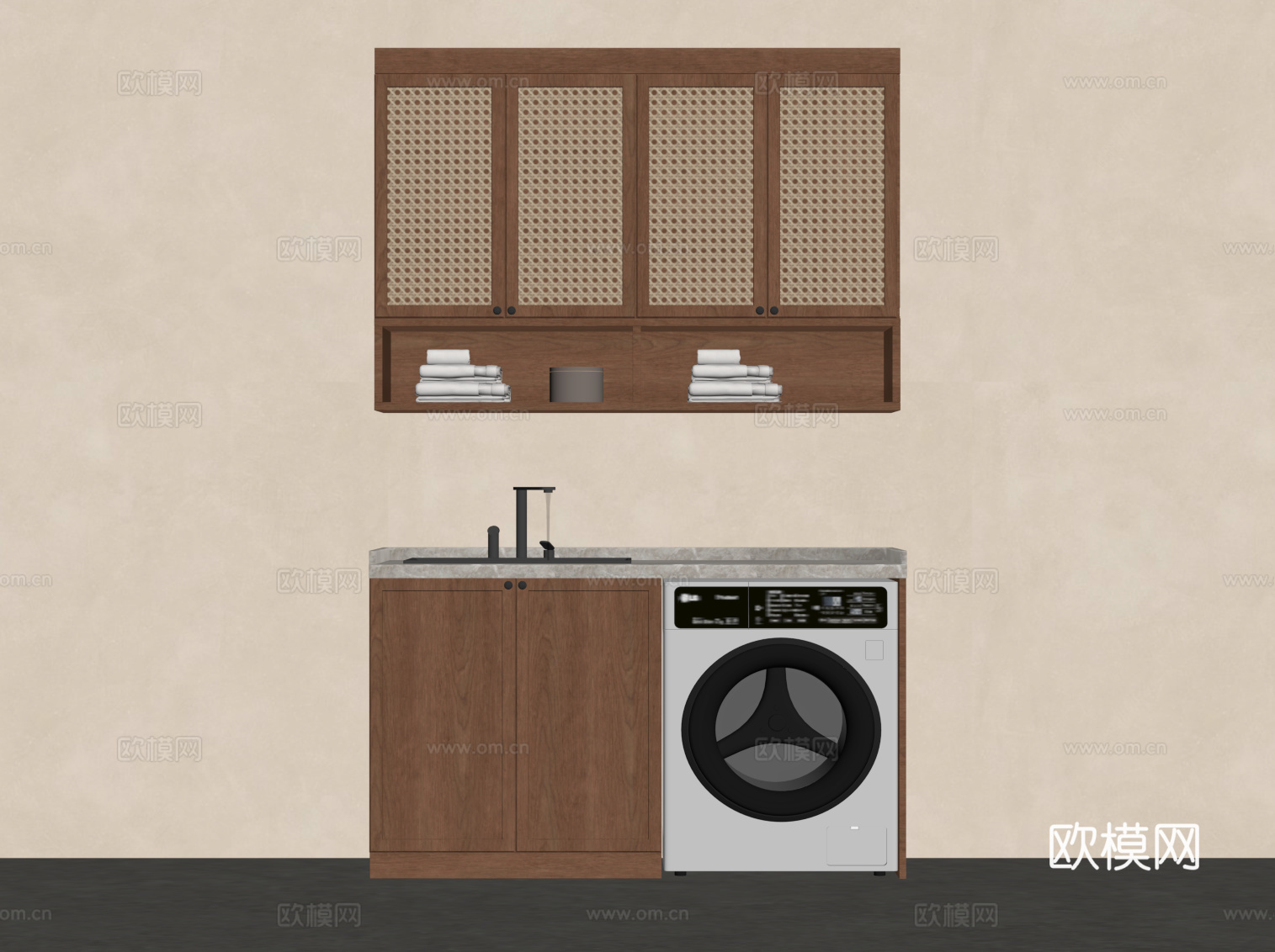 中古风阳台柜 洗衣机柜su模型