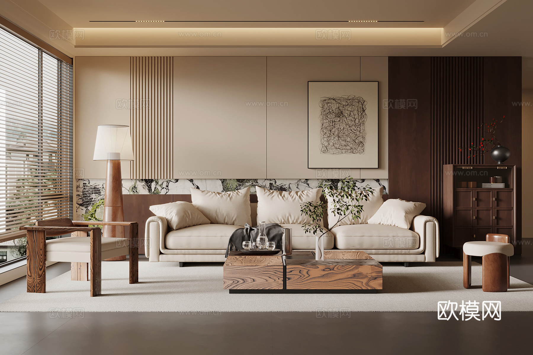 中古风客厅 沙发背景墙 沙发茶几组合su模型