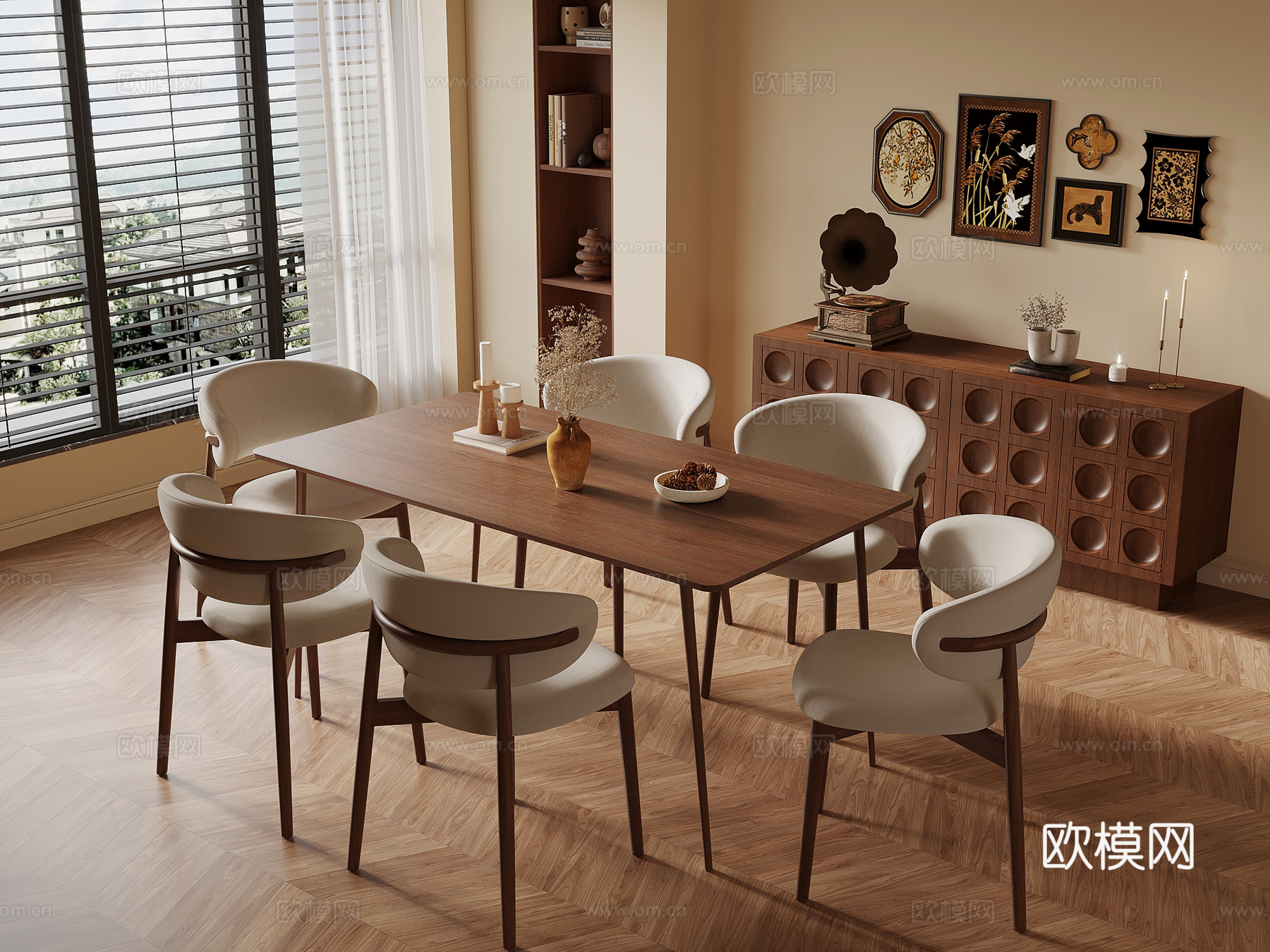 中古风餐厅 餐桌椅 餐边柜su模型
