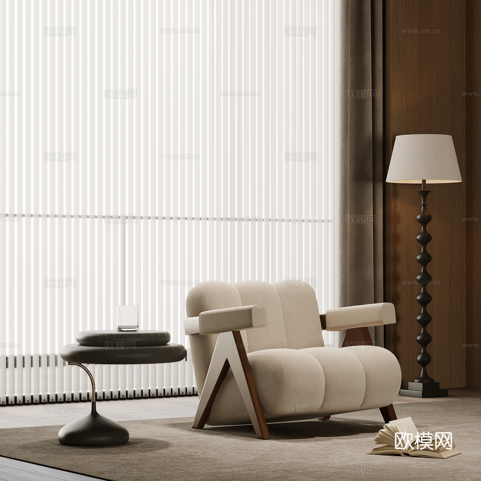 中古风单人沙发 休闲沙发 边几 落地灯su模型