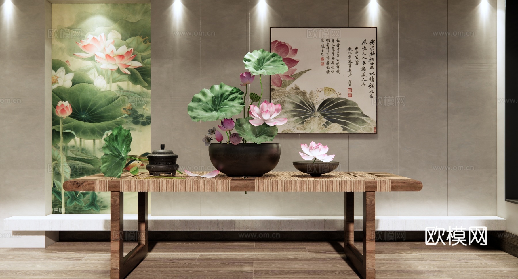 新中式 盆栽 花瓶花艺摆件 荷花插花 禅意插花 荷花 荷叶su模型