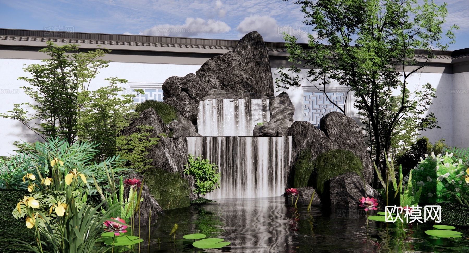 新中式 景观小品 假山水景 跌水瀑布 园林景观叠水水池 假山su模型