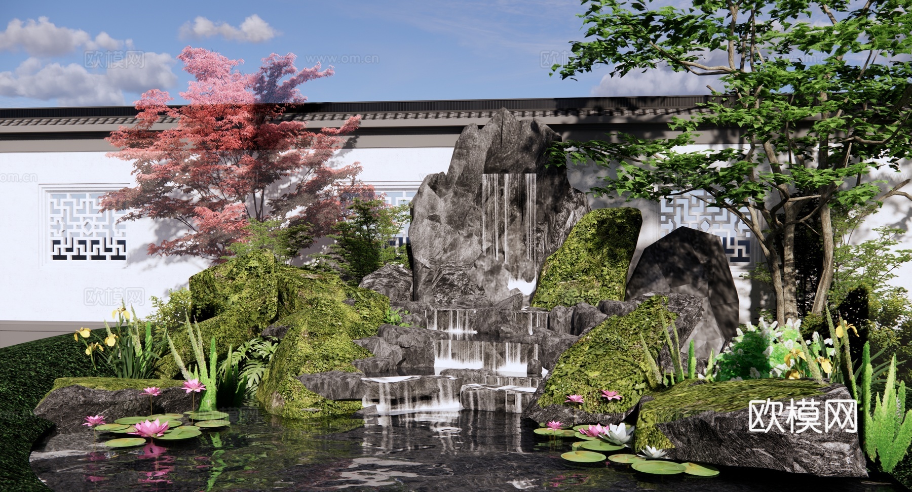 新中式 景观小品 假山水景 跌水瀑布 园林景观叠水水池 假山su模型