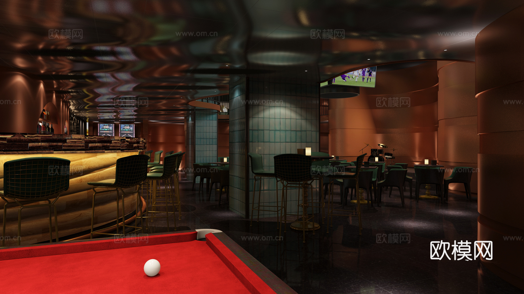 现代酒吧 沙发 单椅 桌球台 雪茄间 酒 游戏机 吧台3d模型下载（渲染图3）