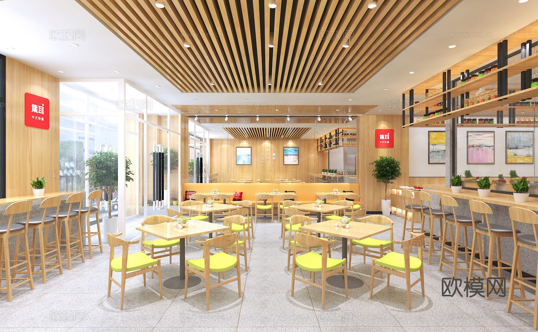 现代快餐厅 中式快餐 明档厨房 点餐台 吧台卡座3d模型下载（渲染图4）