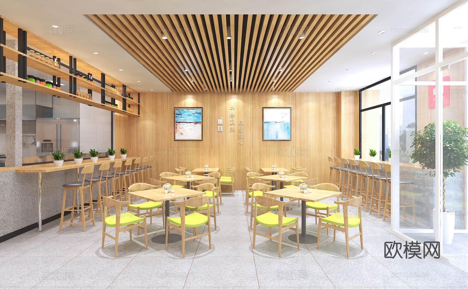 现代快餐厅 中式快餐 明档厨房 点餐台 吧台卡座3d模型下载（渲染图2）