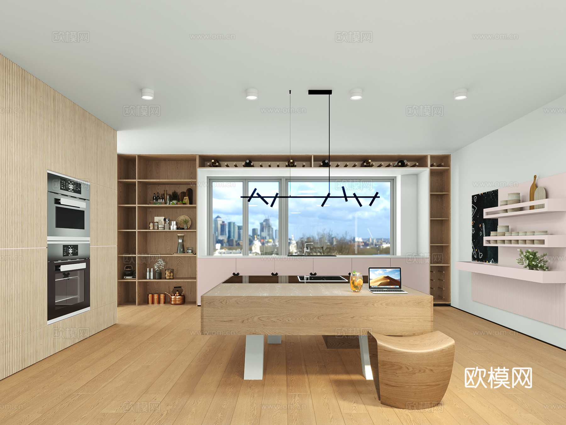 现代极简粉色客餐厅3d模型下载（渲染图2）