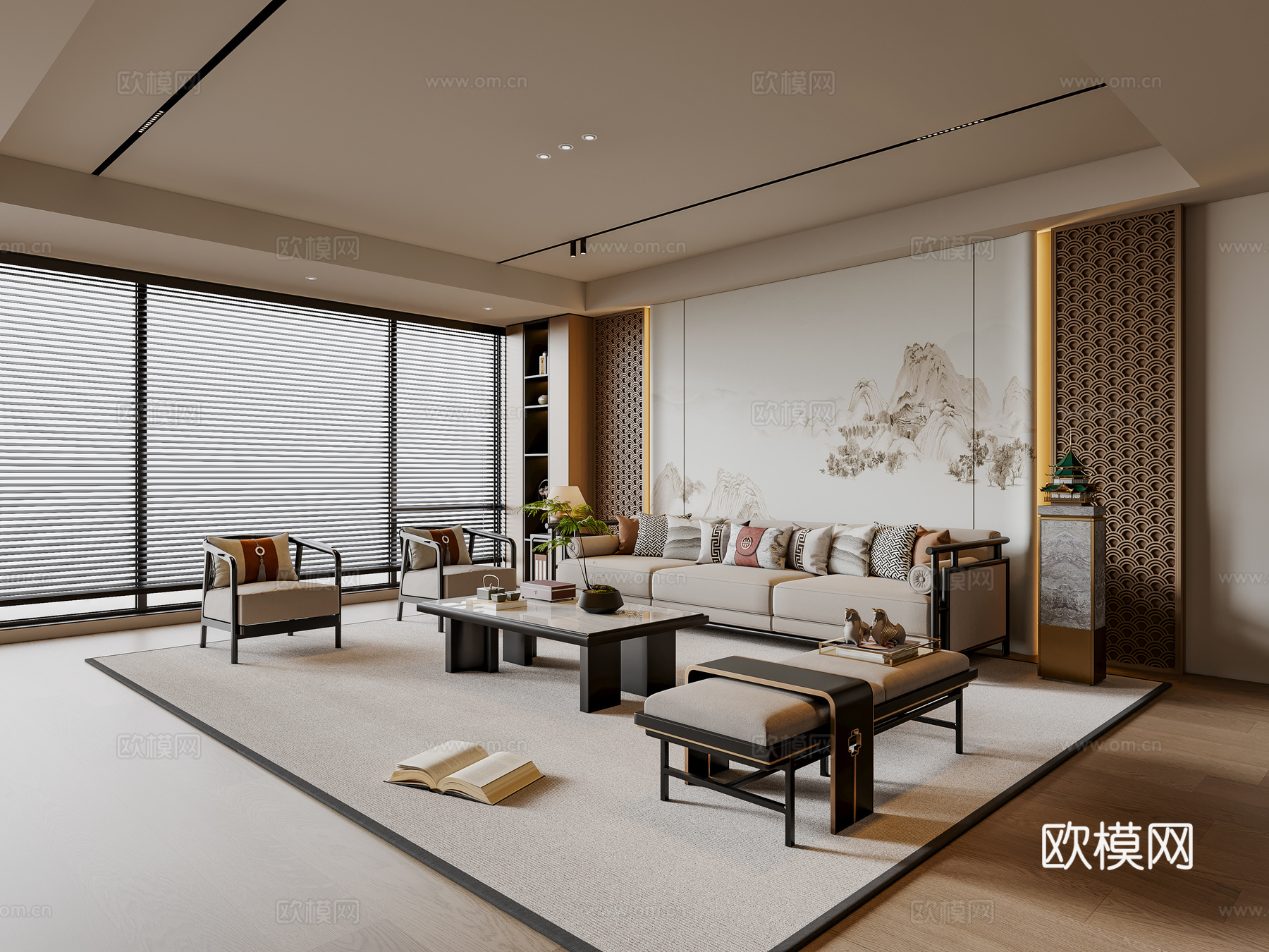 新中式宋式风客厅 沙发茶几 三人沙发 休闲椅 落地灯 地毯su模型