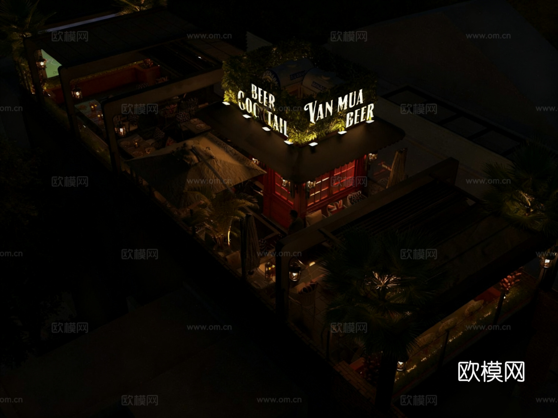 夜景酒吧 户外餐饮 商业街夜景 足球赛转播屏幕 户外遮阳棚休3d模型下载（渲染图4）