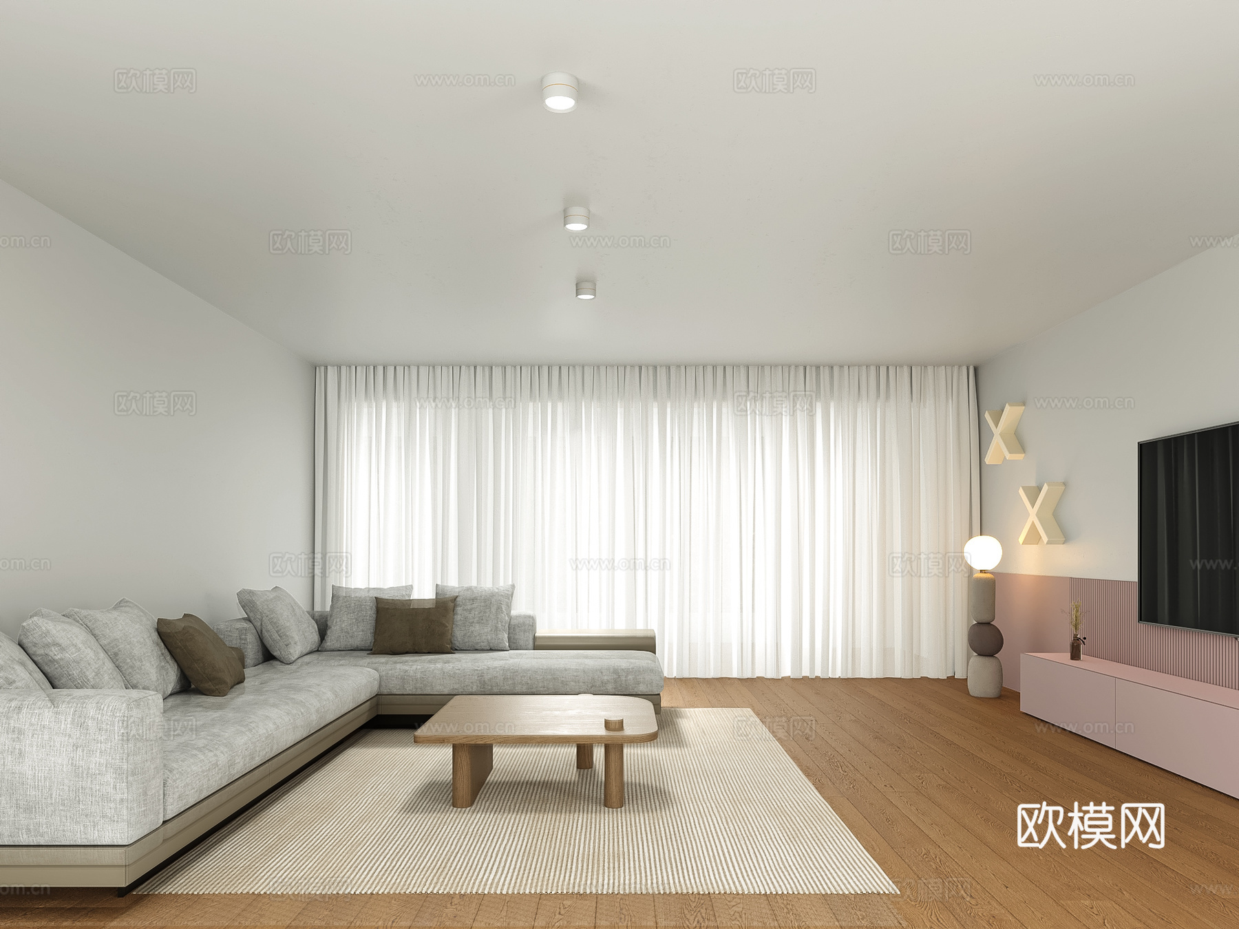 现代极简粉色客餐厅3d模型下载（渲染图1）