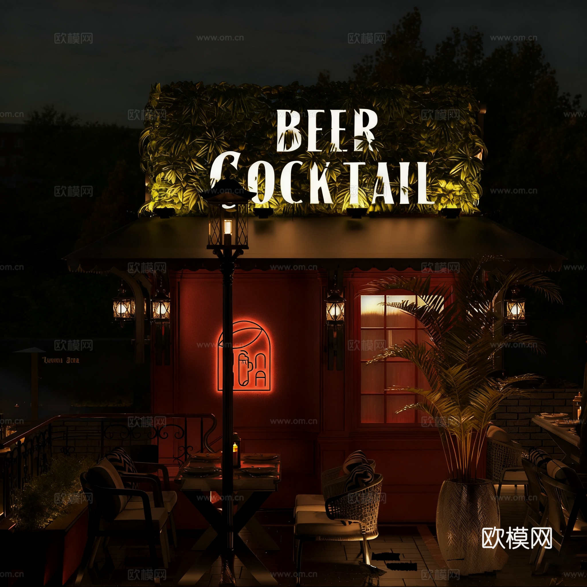 夜景酒吧 户外餐饮 商业街夜景 足球赛转播屏幕 户外遮阳棚休3d模型下载（渲染图2）