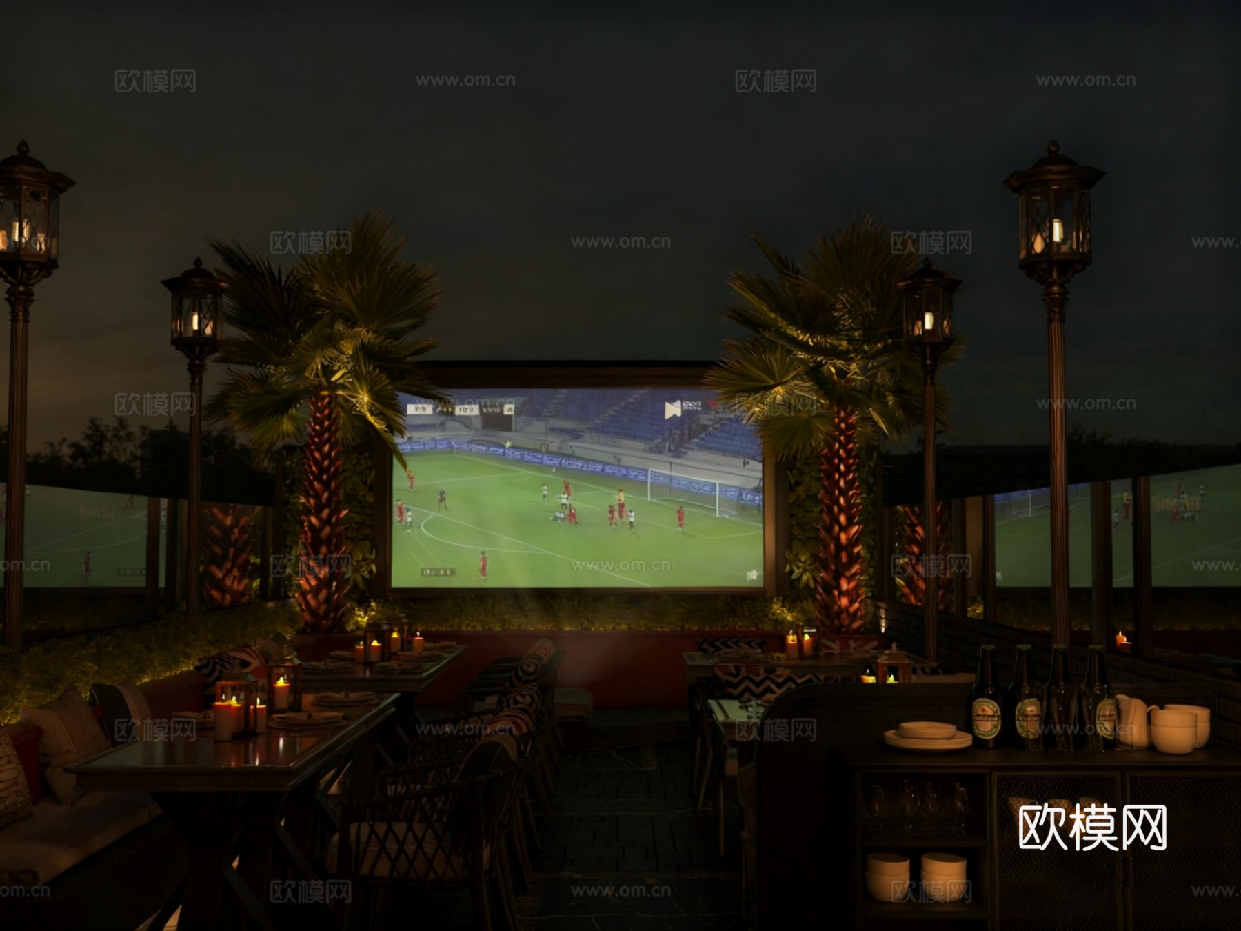 夜景酒吧 户外餐饮 商业街夜景 足球赛转播屏幕 户外遮阳棚休3d模型下载（渲染图3）
