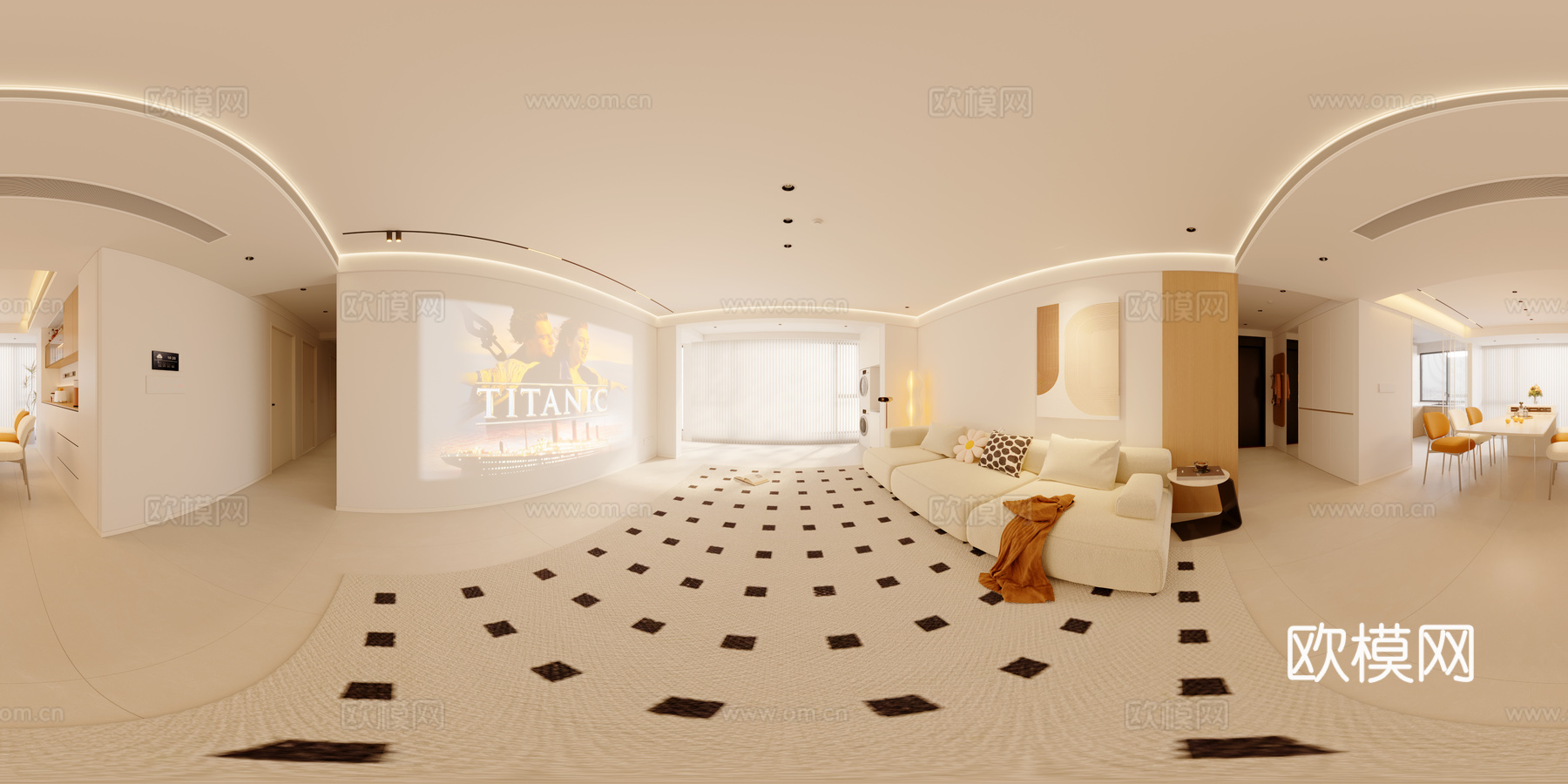 奶油风客餐厅cr全景3d模型3d模型下载