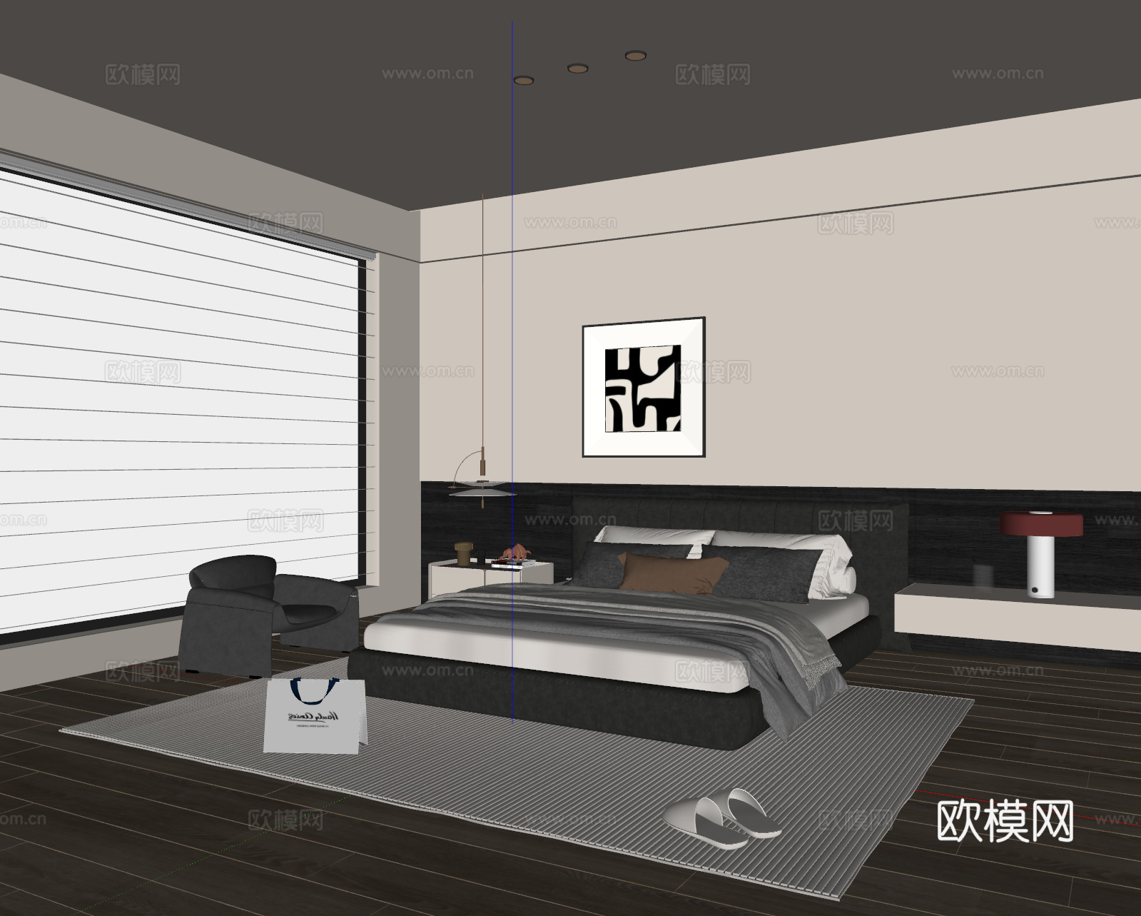 现代简约卧室 皮质双人床 床头柜 吊灯 挂画 休闲椅 地毯su模型