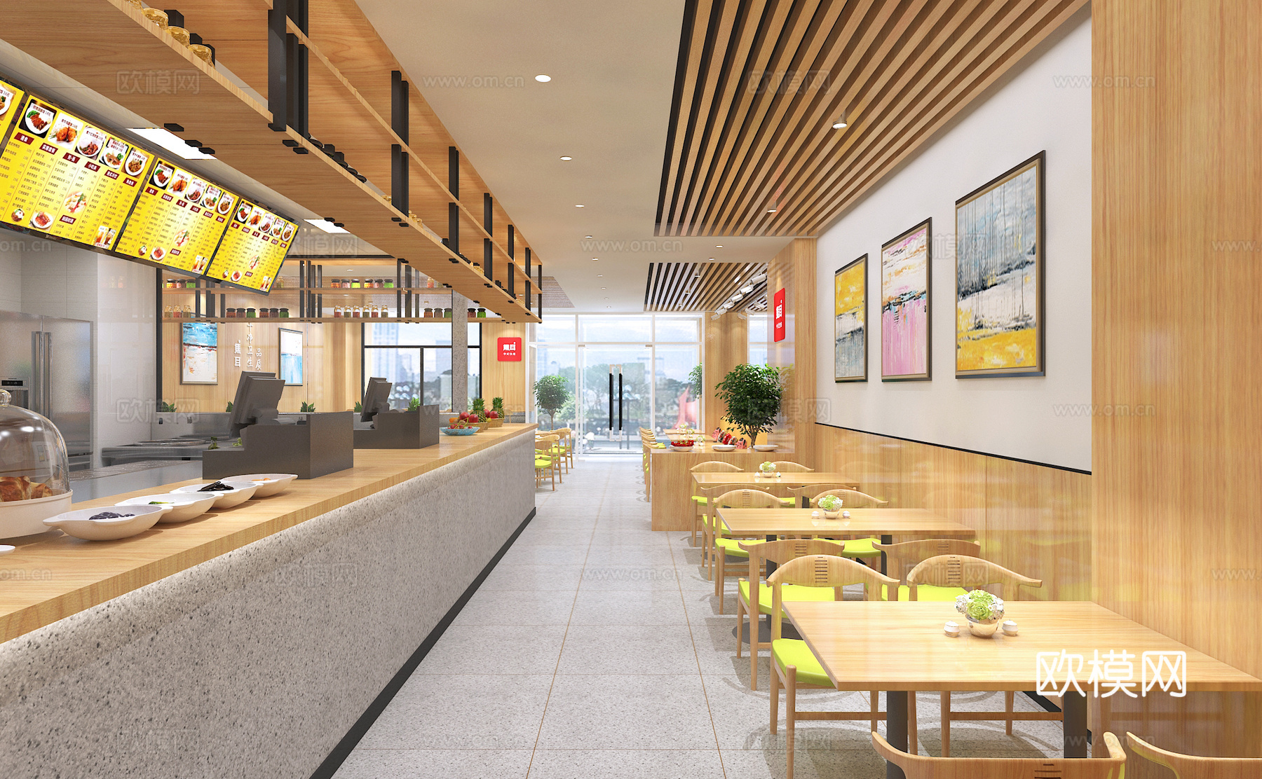 现代快餐厅 中式快餐 明档厨房 点餐台 吧台卡座3d模型下载（渲染图3）