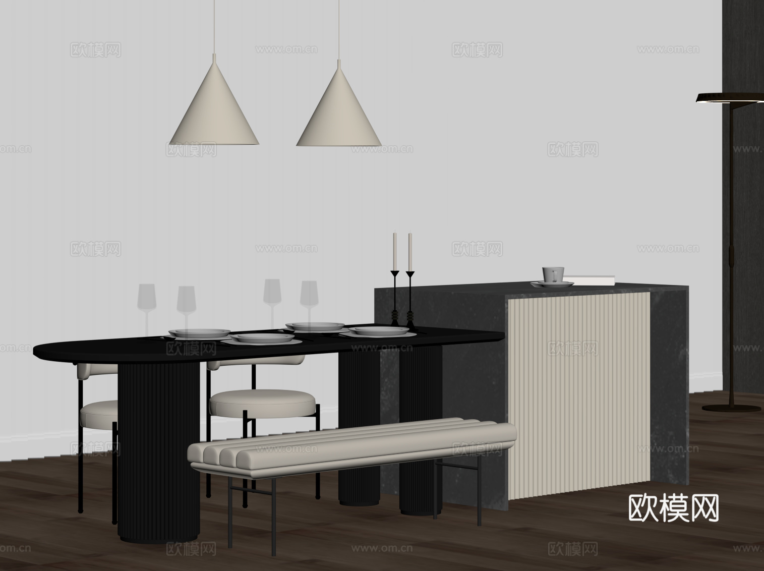 现代意式岛台 餐桌椅su模型