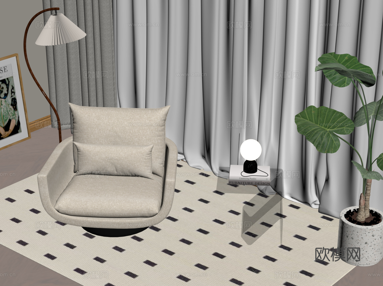 现代奶油风单人沙发 休闲沙发 边几su模型