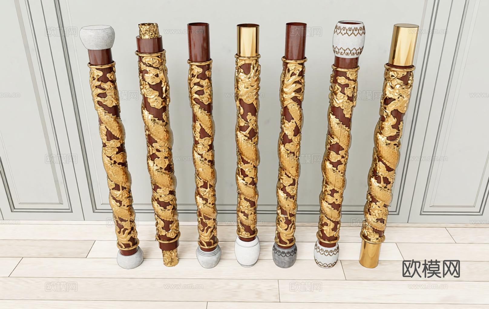 中式龙纹立柱 盘龙柱 传统建筑装饰柱 红木雕花装饰柱 金色龙su模型