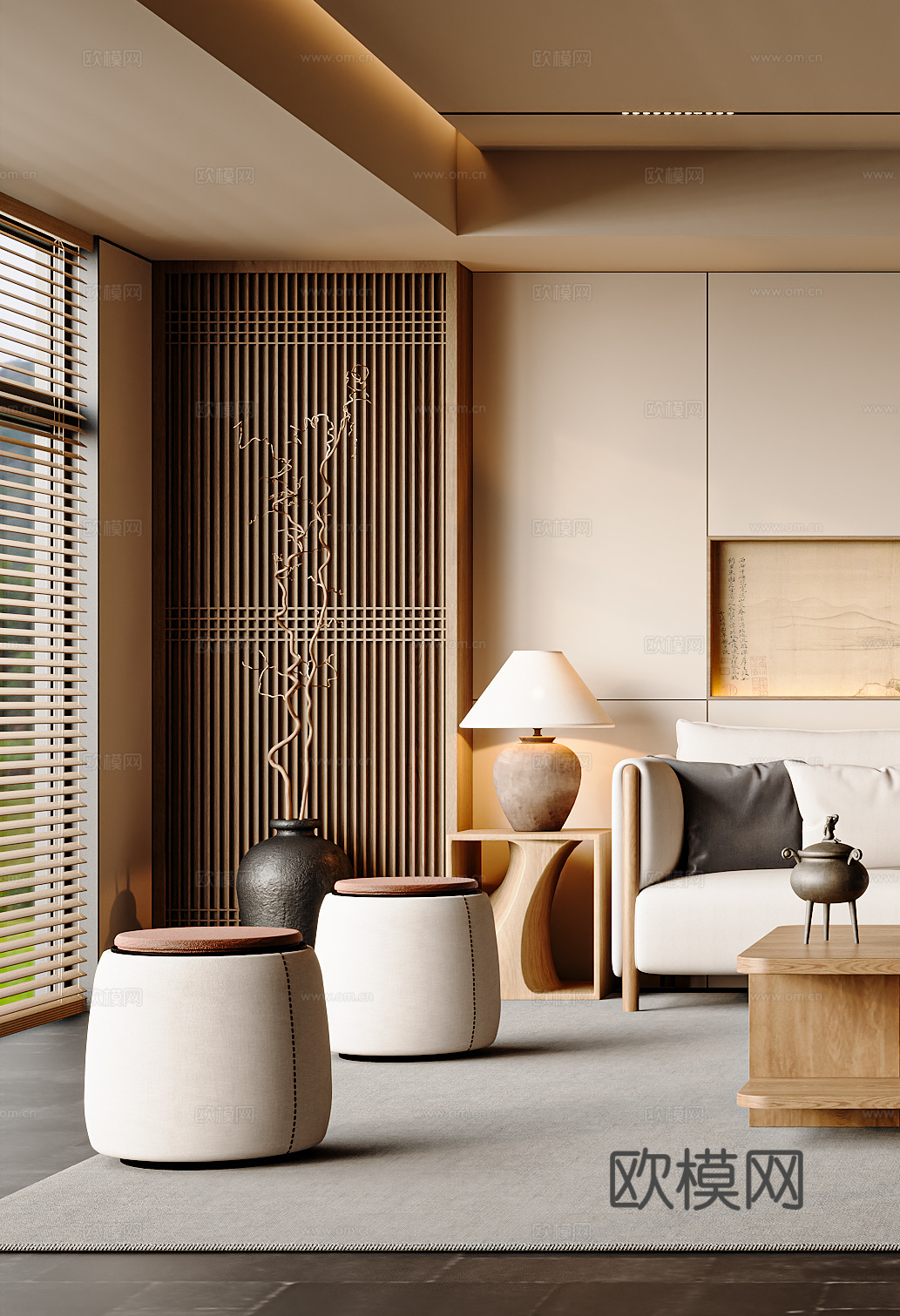 中式客厅 沙发茶几组合 中式茶具 台灯落地灯3d模型下载（渲染图2）