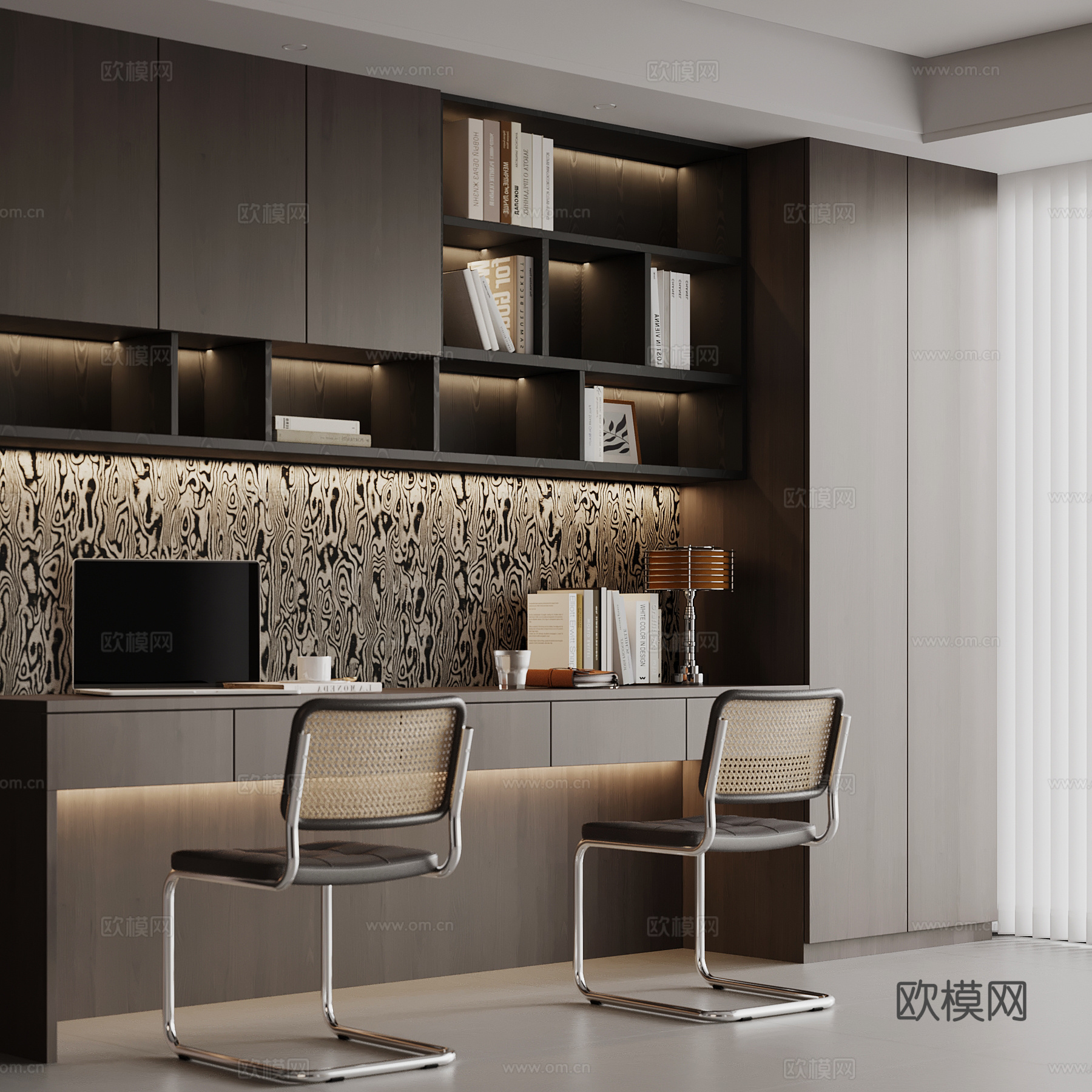 现代意式书房 写字房 书柜 书桌椅su模型