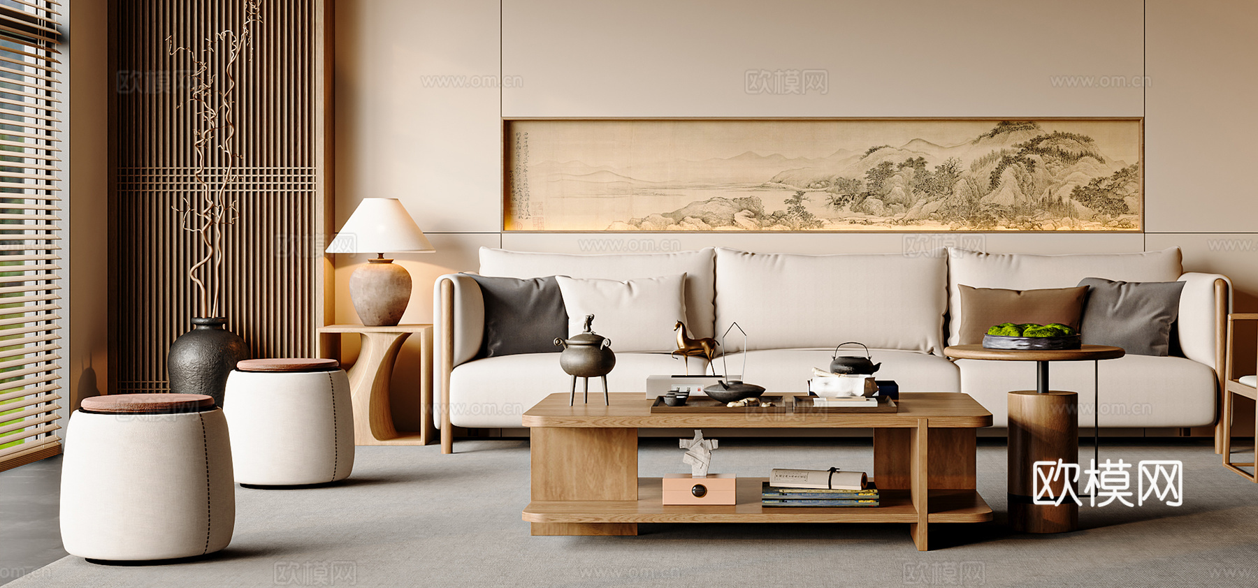 中式客厅 沙发茶几组合 中式茶具 台灯落地灯3d模型下载（渲染图3）